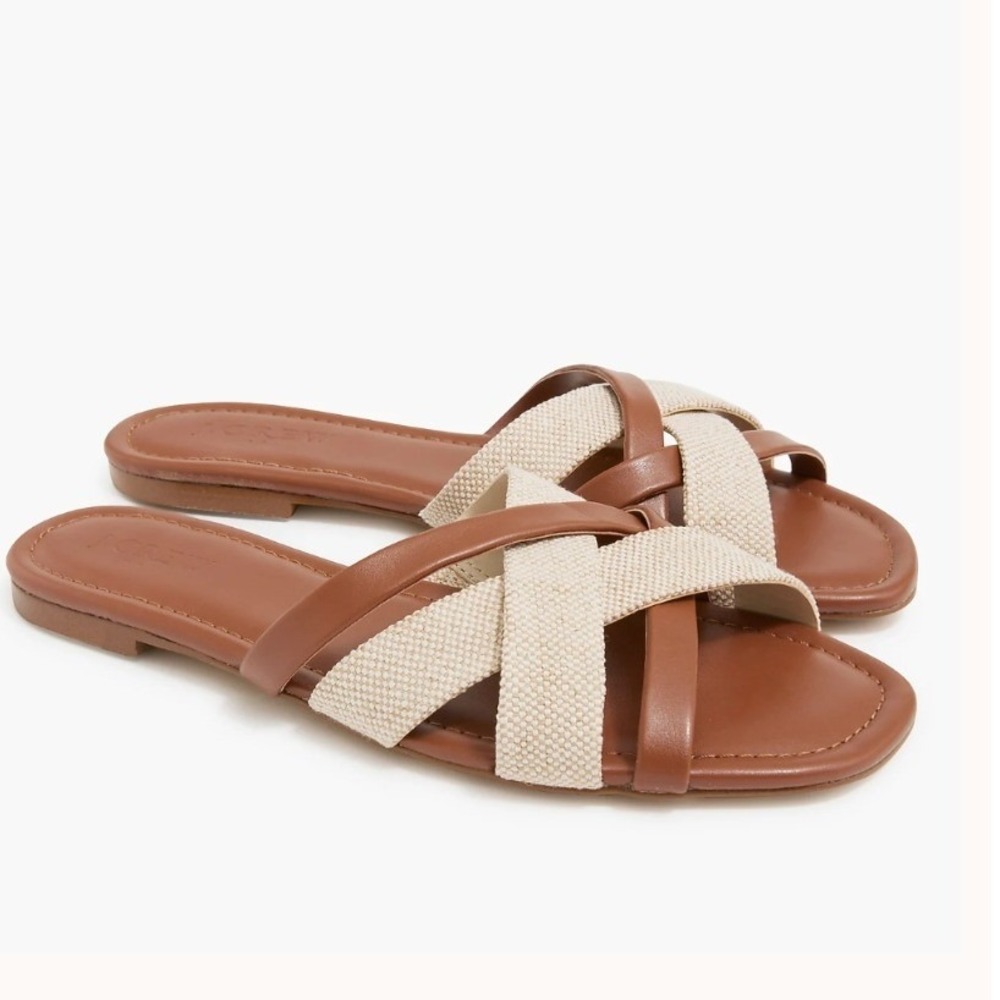 J.Crew Womens Brown Beige Canvas Faux Leather Crisscross Sandals Size 9 Flaw $90